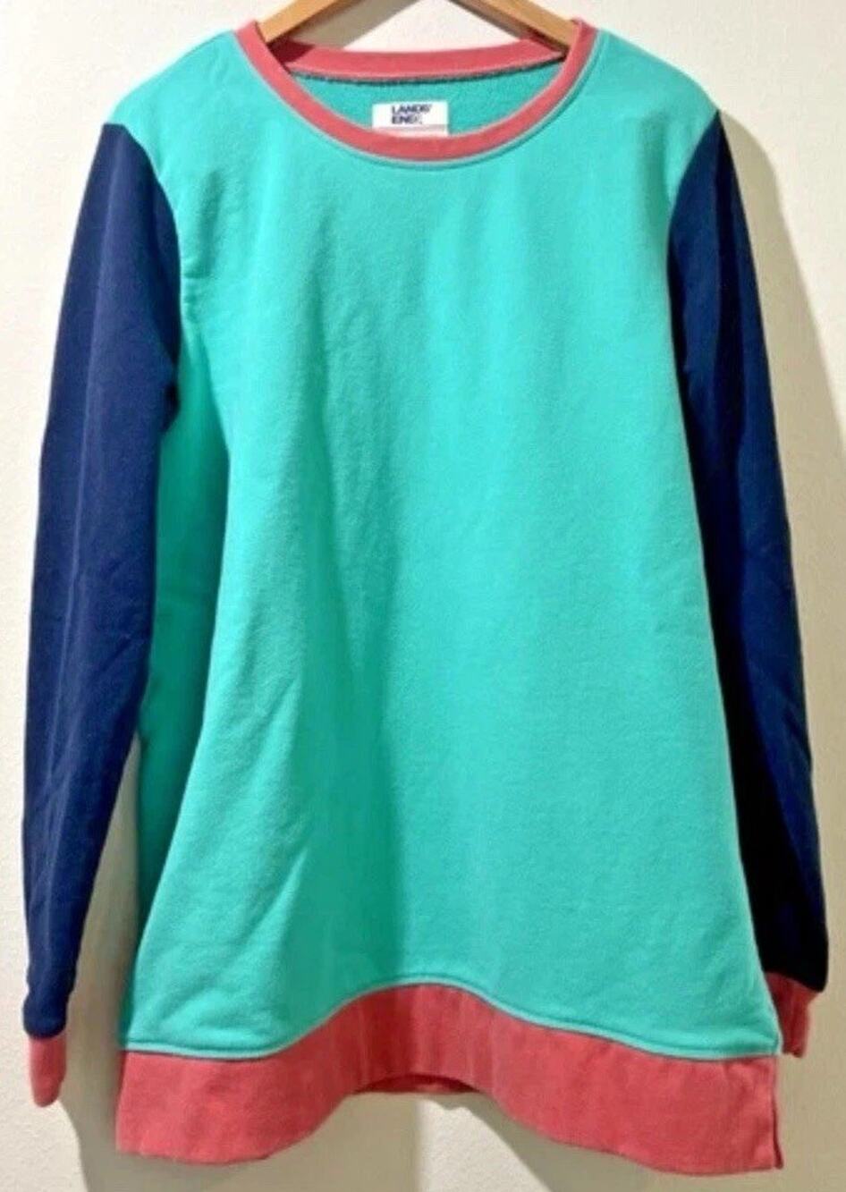 Lands’ End L Serious Sweats Sweatshirt large T 14 16 Teal Color block Vintage
